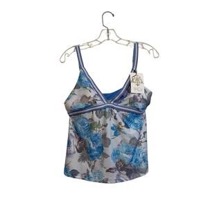 Becca By Rebecca Virtue‎ Swim Tankini Top Size Large Floral Blue Adjustable NWOT
